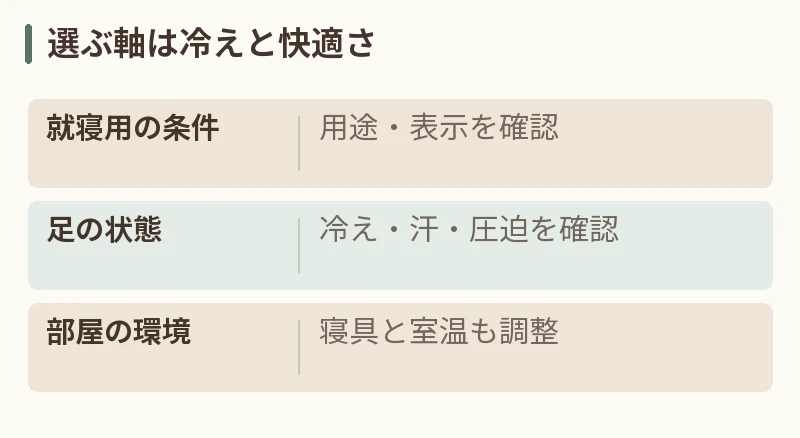 選ぶ軸は冷えと快適さ。就寝用の条件：用途・表示を確認。足の状態：冷え・汗・圧迫を確認。部屋の環境：寝具と室温も調整