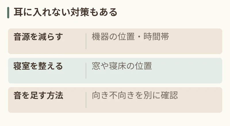 耳に入れない対策もある。音源を減らす:機器の位置・時間帯。寝室を整える:窓や寝床の位置。音を足す方法:向き不向きを別に確認