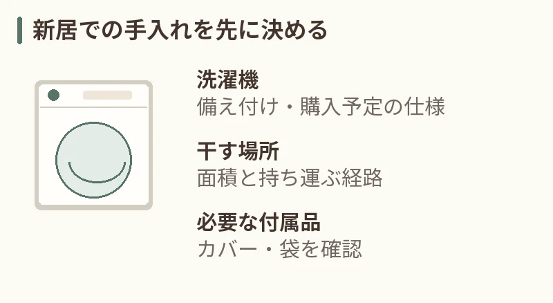 新居での手入れを先に決める。洗濯機:備え付け・購入予定の仕様。干す場所:面積と持ち運ぶ経路。必要な付属品:カバー・袋を確認