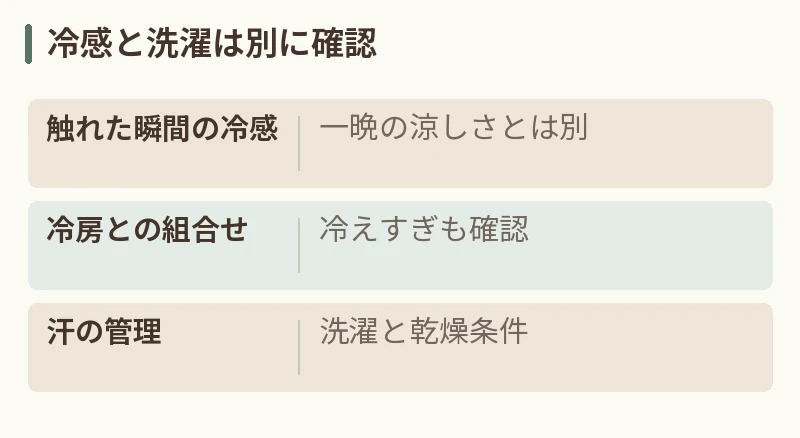 冷感と洗濯は別に確認。触れた瞬間の冷感:一晩の涼しさとは別。冷房との組合せ:冷えすぎも確認。汗の管理:洗濯と乾燥条件