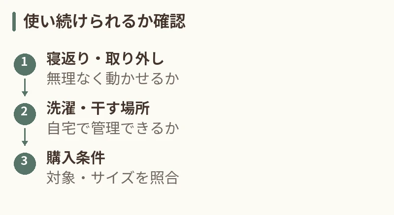 使い続けられるか確認。寝返り・取り外し:無理なく動かせるか。洗濯・干す場所:自宅で管理できるか。購入条件:対象・サイズを照合