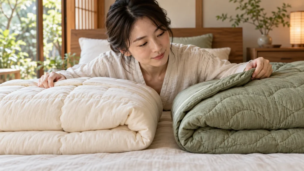 掛布団の生地を手に取り比較する女性