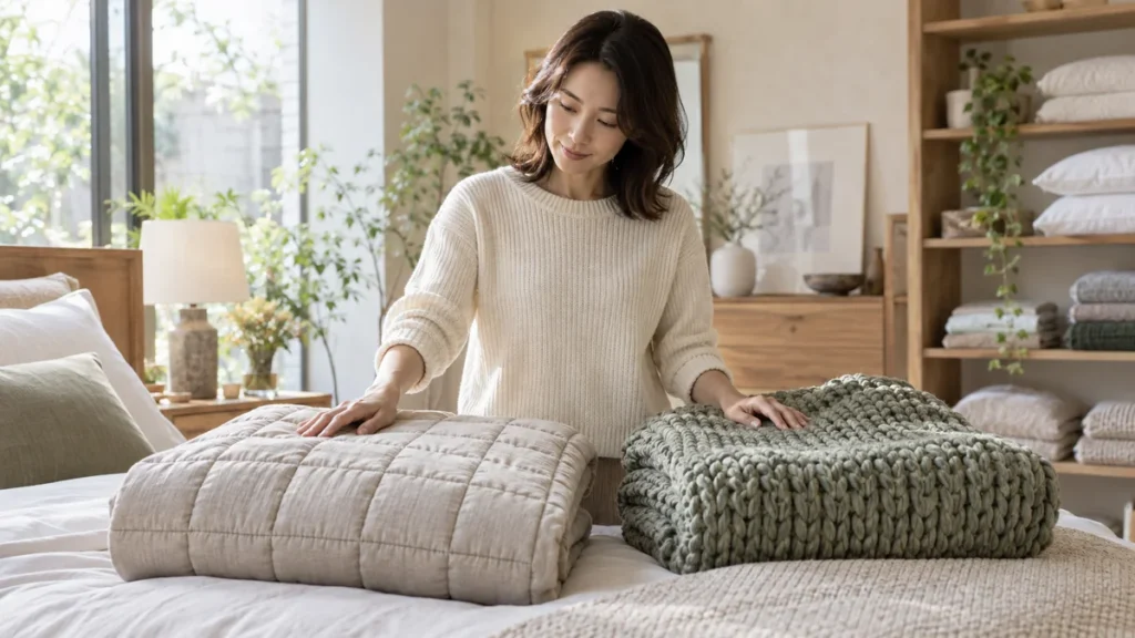 女性がキルティングと編み地の異なる二つの寝具を見比べるイメージ