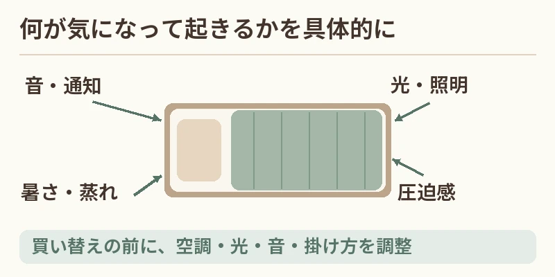 寝室の音・光・熱と寝具の圧迫感を、ベッドの図に対応させた図