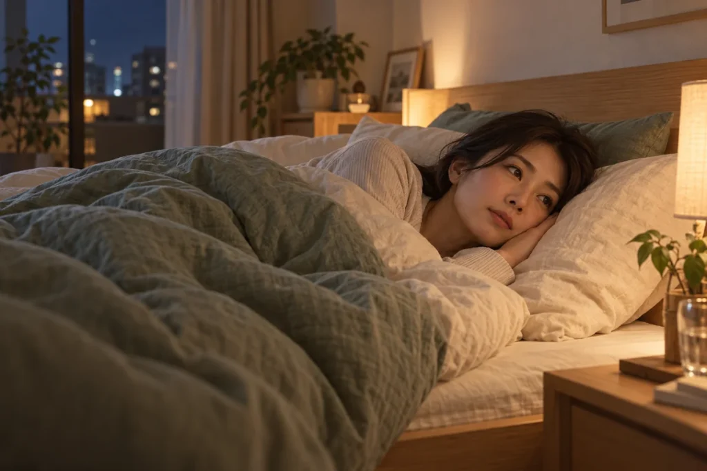 夜の寝室で、布団に横になりながら目が覚めている女性のイメージ