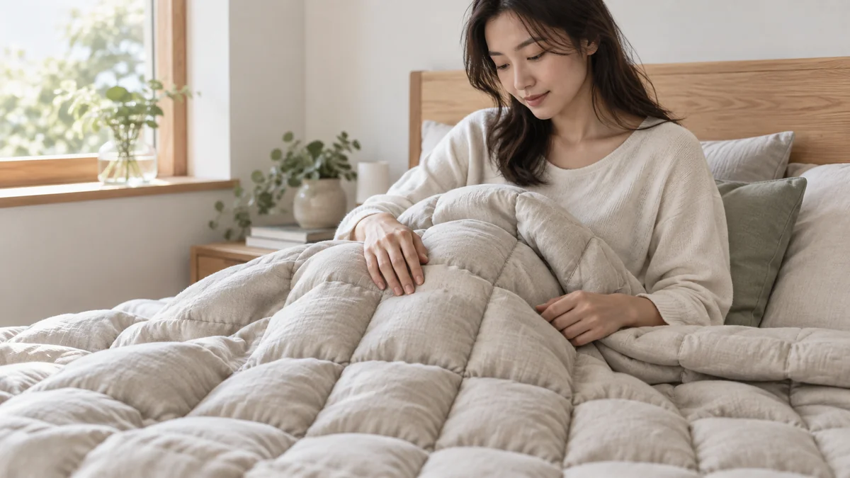 重みのあるキルティングの掛け心地を確かめるイメージ