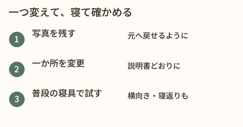 調節前を撮影し、一か所だけ変更し、普段の寝具で仰向け・横向き・寝返りを確かめます。