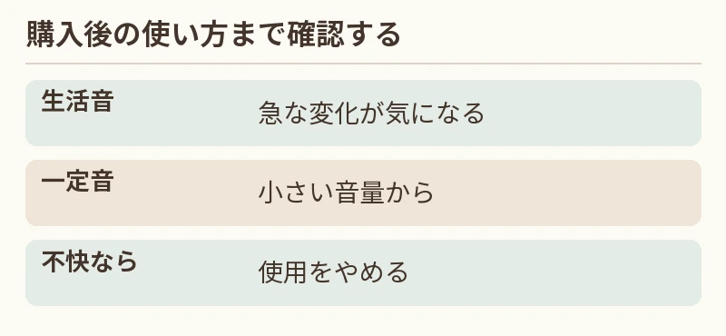 生活音:急な変化が気になる。一定音:小さい音量から。不快なら:使用をやめる