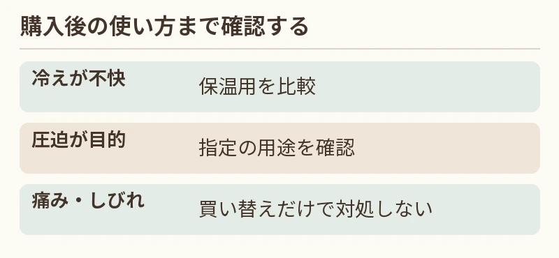 冷えが不快：保温用を比較。圧迫が目的：指定の用途を確認。痛み・しびれ：買い替えだけで対処しない