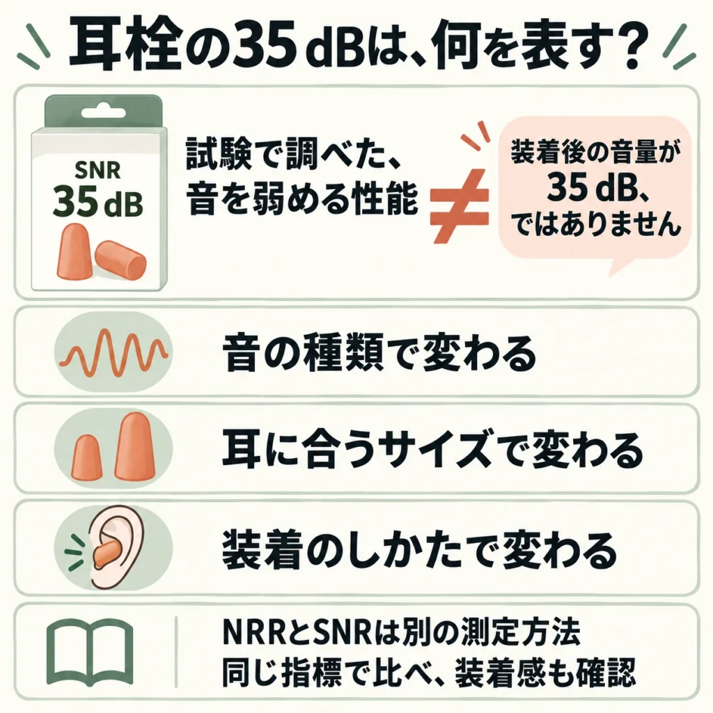 耳栓のSNR35dBは試験で調べた遮音性能で、装着後の音量ではありません。音の種類、耳に合うサイズ、装着方法で聞こえ方が変わります。NRRとSNRは別の測定方法です。