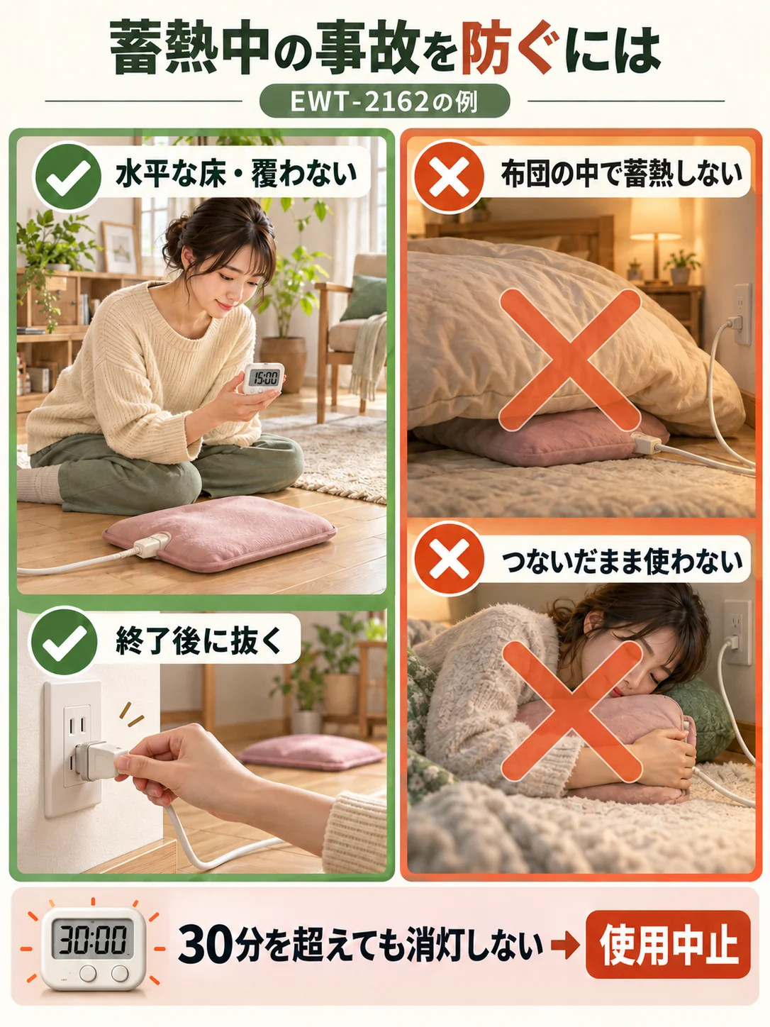蓄熱式は水平な床で覆わず加熱。終わったら抜く。EWT-2162で30分以上ランプが消えない場合は使用中止。