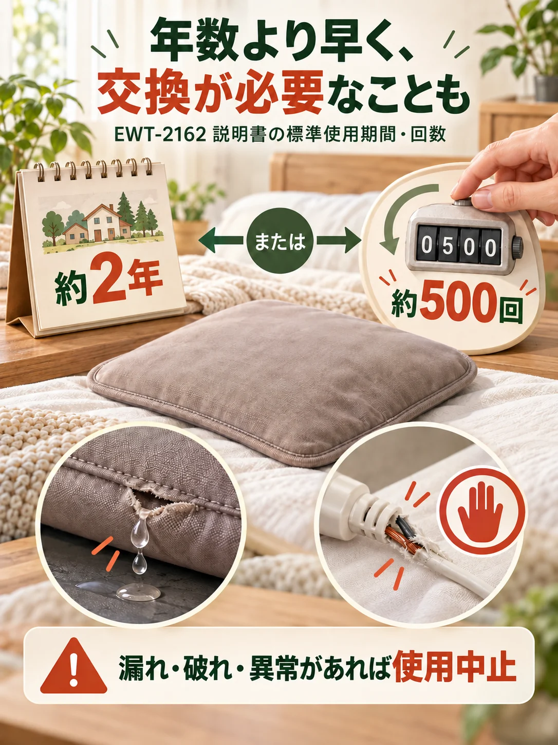 EWT-2162の標準使用期間は約2年または500回。保証期間とは別で、異常があれば期間内でも使用中止。