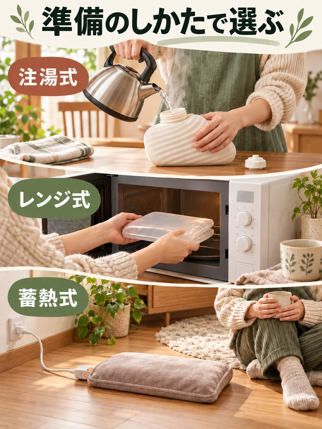 3方式の違いは準備方法と翌朝の片付け。注ぐ、レンジ加熱、蓄熱を動作で比較。