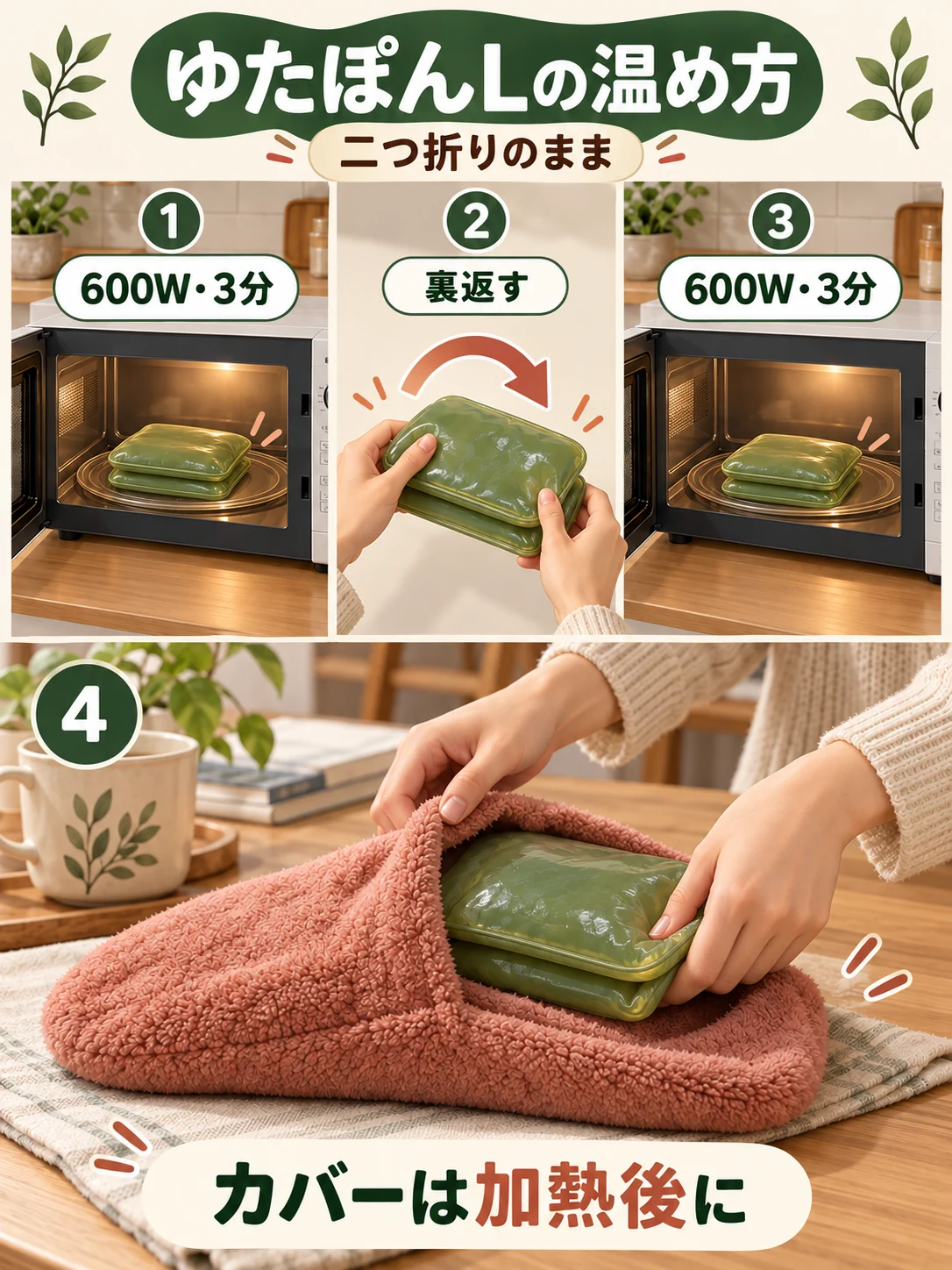 ゆたぽんLの600W加熱は3分、裏返し、3分。カバーを外し、手動で設定する。