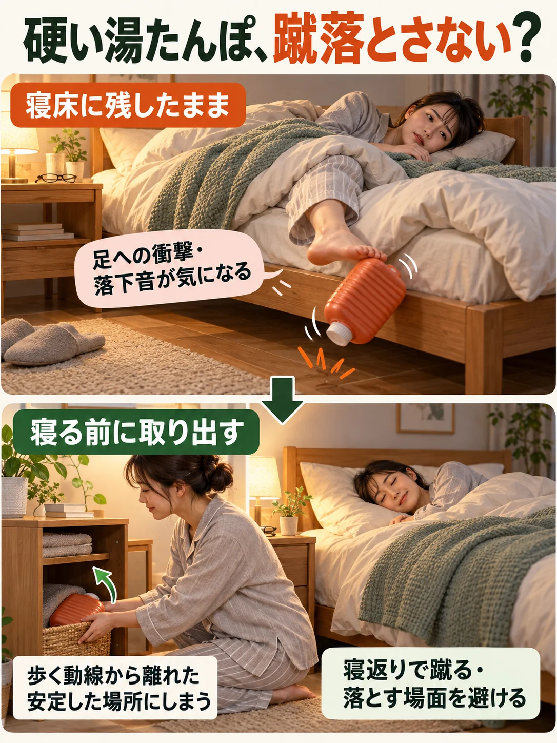 就寝前に取り出すと、寝返りによる接触や蹴落としの場面を避けられる。柔らかい容器も落下させない。