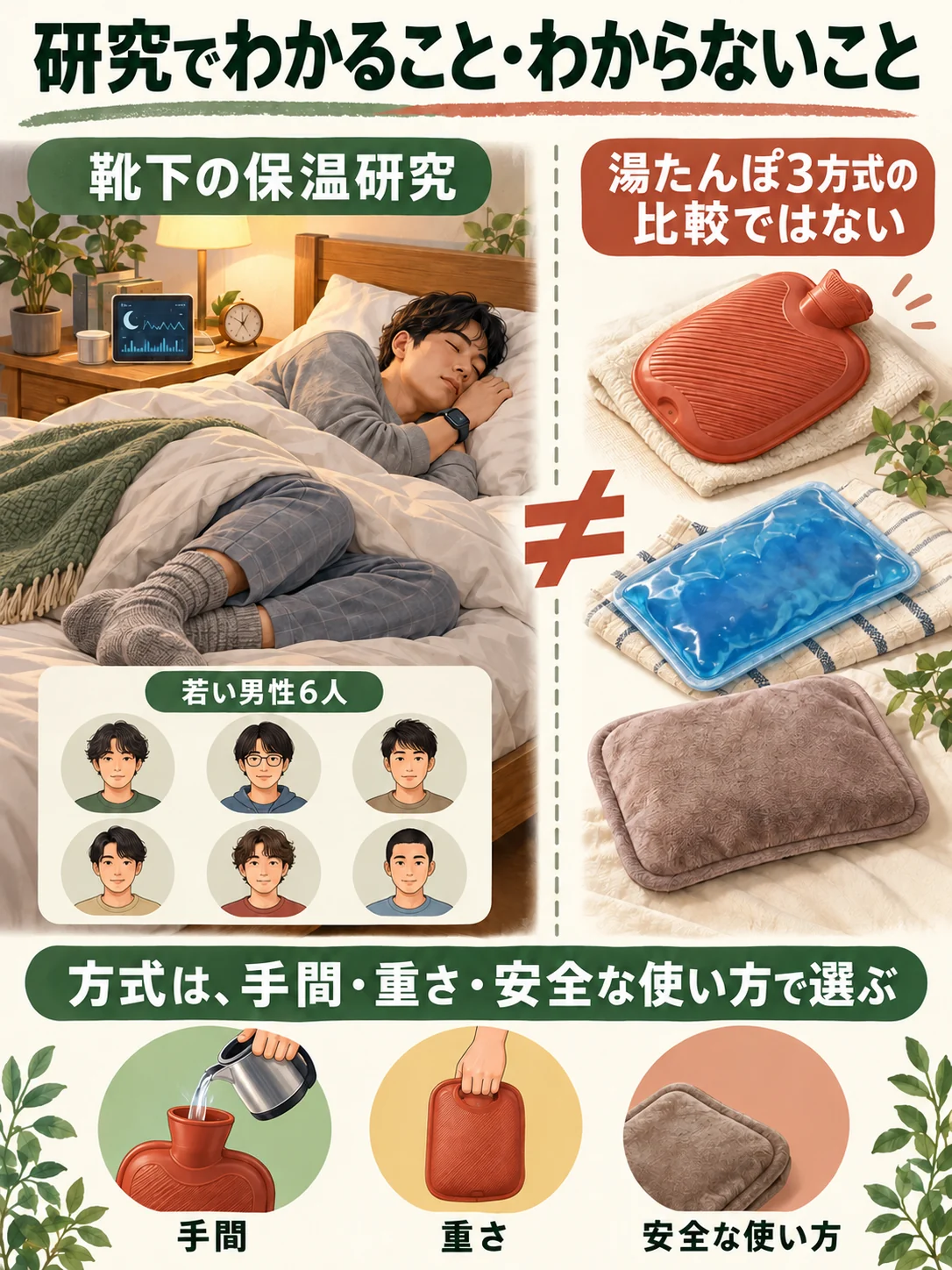 靴下での足部保温研究と湯たんぽ3方式の優劣は別。研究は6人で、商品別の睡眠効果は比較していない。