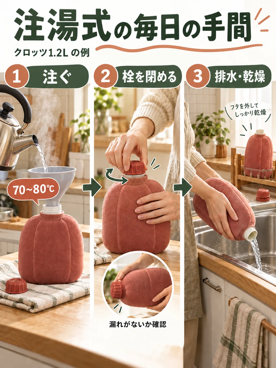 クロッツ1.2Lの準備は70〜80℃のお湯を注ぎ、栓を閉め、使った後に排水・乾燥。