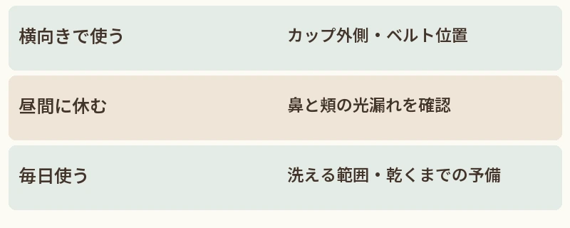 横向きで使う:カップ外側・ベルト位置。昼間に休む:鼻と頬の光漏れを確認。毎日使う:洗える範囲・乾くまでの予備