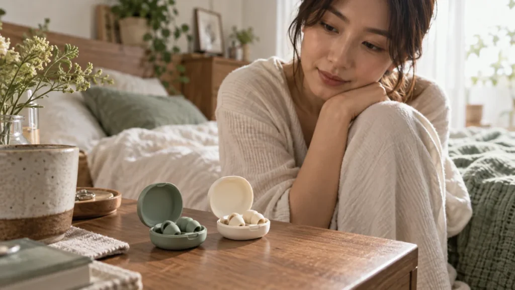 耳栓の購入を検討する女性のイメージ