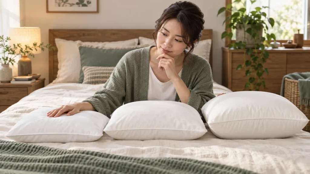 枕の高さや形を比べる女性のイメージ