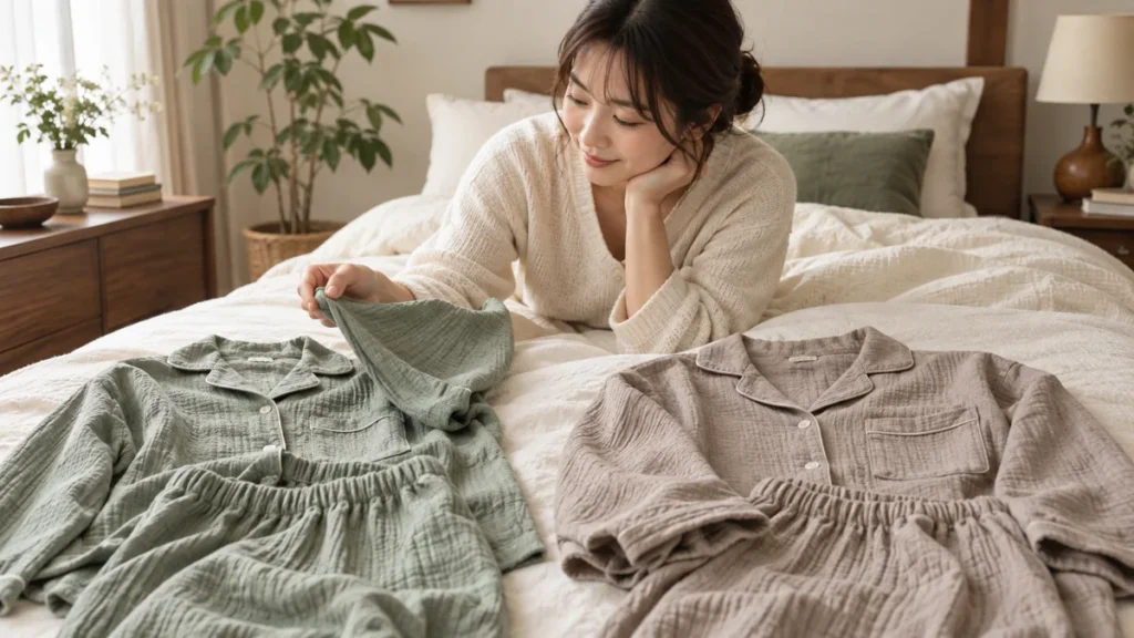 パジャマの生地を比較する女性のイメージ