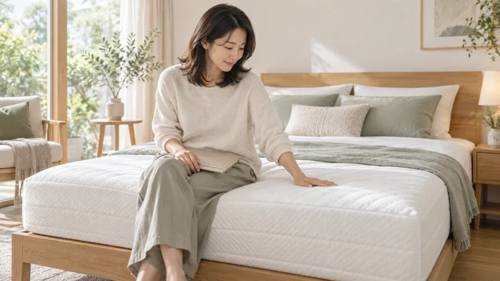 自宅でマットレスの感触を確認する女性のイメージ。AI生成画像