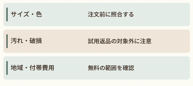 サイズ・色:注文前に照合する。汚れ・破損:試用返品の対象外に注意。地域・付帯費用:無料の範囲を確認